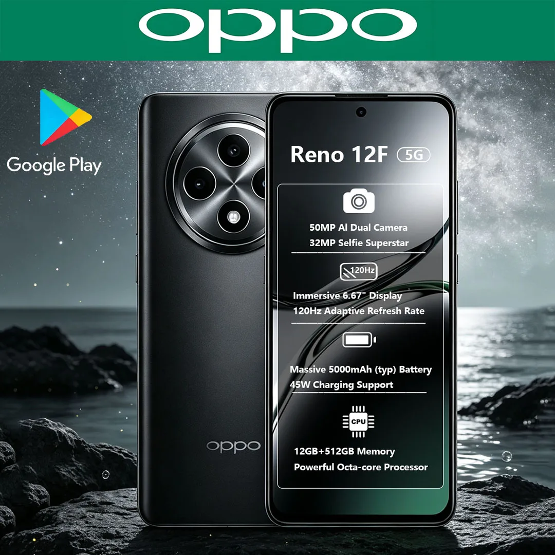 새로운 OPPO Reno12F 5G 듀얼심 언락폰 12+512GB 메모리 50MP AI 카메라 대용량 배터리 데일리용 저가형 안드로이드 스마트폰
