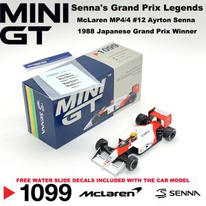출고 준비 완료된 맥라렌 MP4/4 # 12 아이르톤 세나 미니 GT 1099, 1:64 스케일, 1988년 일본 그랑프리 우승, 클래식 F1, MGT01099, 다이캐스트 자동차 모형