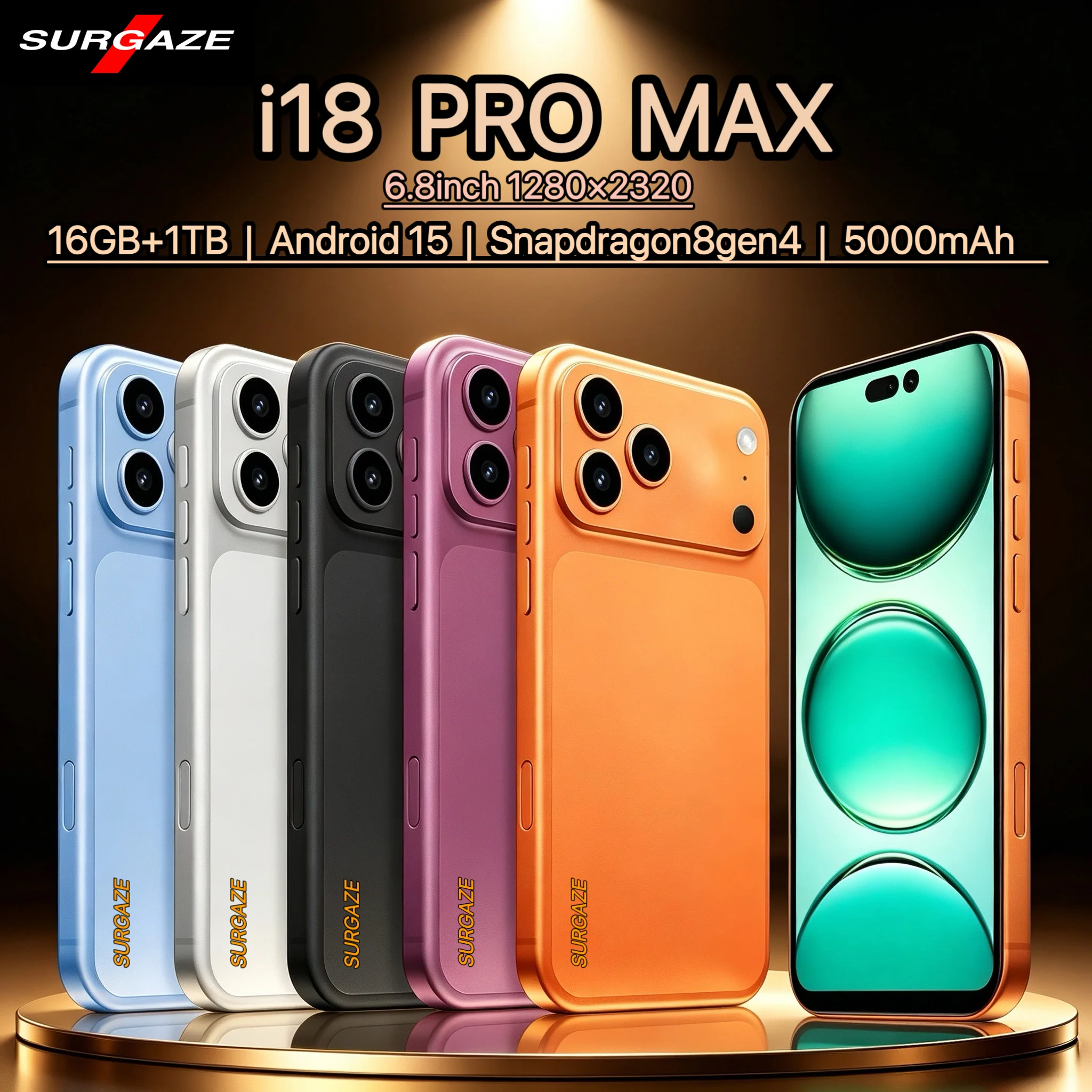 SURGAZE 2026 고성능 I18 Pro Max 스마트폰, 16GB+1TB, 5000mAh 배터리, 6.8인치 디스플레이, 5G, 듀얼 SIM, 글로벌 버전, 출시 예정