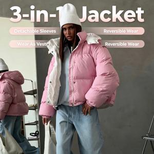 여성용 3-in-1 패딩 재킷, 양면으로 착용 가능, 탈부착 가능한 소매, 넉넉한 오버사이즈 핏, 후드형, 캐주얼한 겨울용 여성 아우터