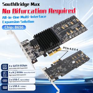 Lekuo SouthBridge Max 비분기형 PCIe 4.0 to 4 M.2 NVMe SSD 어댑터 카드 4 SATA 6G 20G USB-C 라이저 확장 카드 PC NAS용