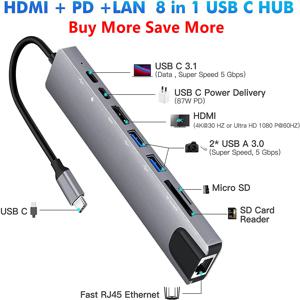 USB C 허브 8 In 1 Type C 3.1 ~ 4K HDMI 어댑터(RJ45 SD/TF 카드 리더기 포함) MacBook 노트북 노트북 컴퓨터용 PD 고속 충전