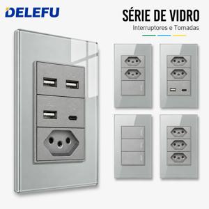 DELEFU 강화 회색 유리 브라질 표준 콘센트, 듀얼 USB C 타입 스위스 벽 소켓 조명 스위치, 스위스 118mm 10A 20A