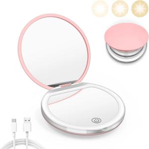 LED 조명 내장형 컴팩트 화장 거울 1X/3X 확대 포켓 거울, 충전식 휴대용 손거울 선물용