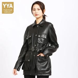 여성용 바이커 정품 가죽 재킷, 멀티 포켓 벨트, 가을 바람막이 코트, 여성용 슬림핏 펑크 천연 양가죽 재킷