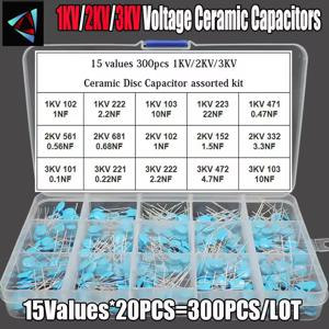 300개/상자 15값 1KV/2KV/3KV 0.1nF-22nF 102 222 103 223 472 561 681 고전압 세라믹 디스크 커패시터 모듬 키트