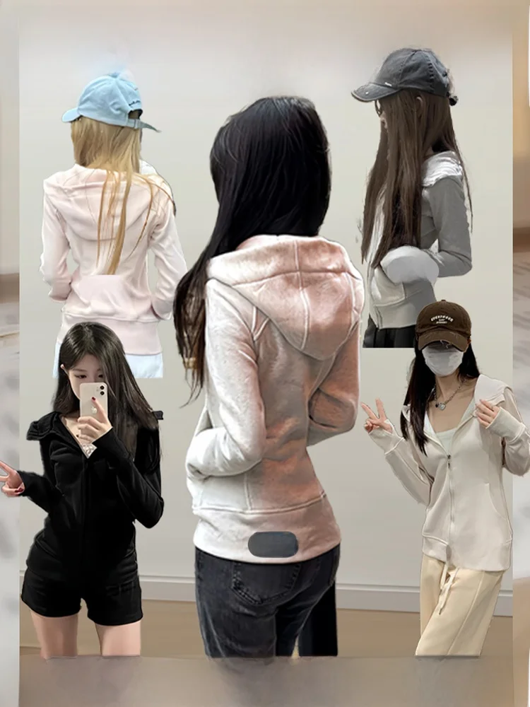 그레이 룰루 후디 지퍼 자켓 여성 슬림핏 아메리칸 스타일 봄 가을 신상 인기 오픈 가디건 최고급 여성용 스웨트셔츠