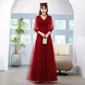 202 여성용 신상 우아한 와인 레드 긴 소매 토스트 드레스, 신부 이브닝 드레스, 패셔너블한 슬림 메쉬 롱 연회 드레스