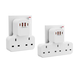 영국식 벽면 콘센트 확장형 멀티 플러그 어댑터, 3개의 AC 콘센트, 2개의 USB-A 포트, 2개의 USB-C 충전 포트, 13A 3250W 전원 공급 장치