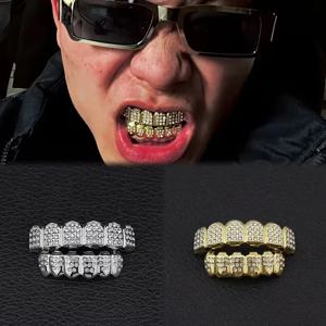 TOPGRILLZ 아이스드 아웃 풀 CZ 스톤 치아 그릴즈 패션 5A+ 큐빅 지르코니아 6개 상치&6개 하치 치아 캡 남녀용 덴탈 그릴즈