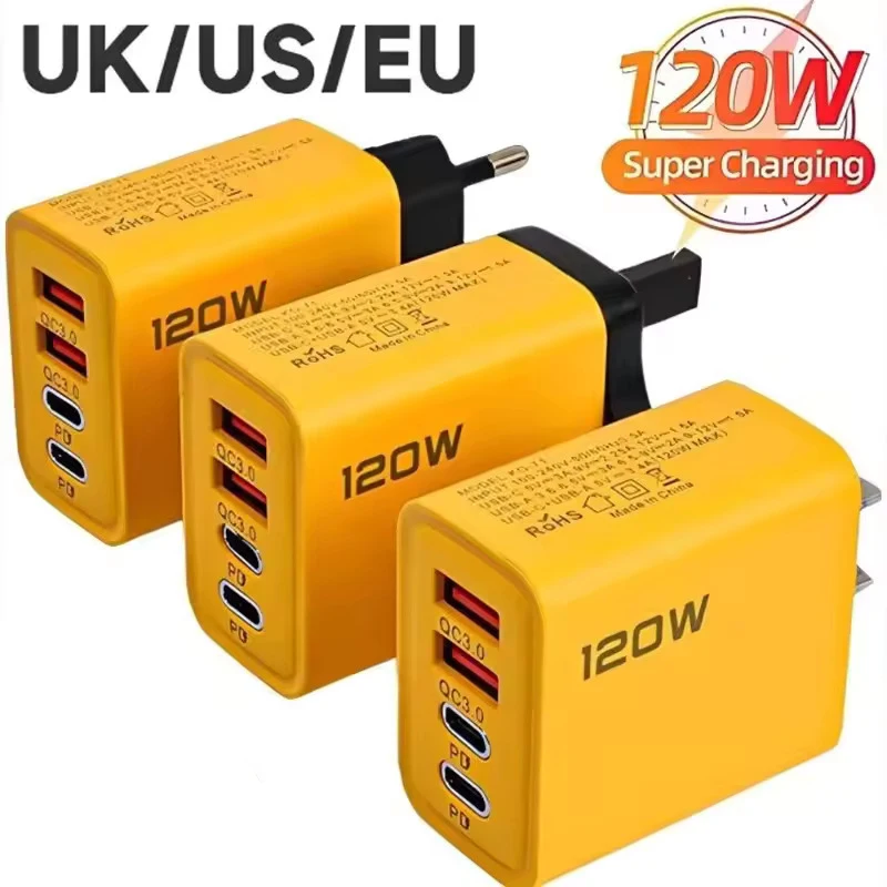 120W 4포트 고속 충전기 PD QC3.0 USB 타입 C 벽면 충전 어댑터 멀티 플러그 아이폰 삼성 샤오미 태블릿용 범용