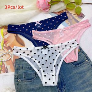 3pcs 여성용 속옷 섹시한 비키니 팬티 여성용 폴카 도트 메쉬 팬티 로우 라이즈 컷 치키 보우 장식 귀여운 속옷 올 시즌