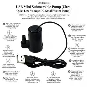 USB 미니 수중 워터 펌프 DC 3-5V 초저소음 브러시리스 모터 (어항, 물고기 탱크, 연못, 분수, 수경재배, 정원용)