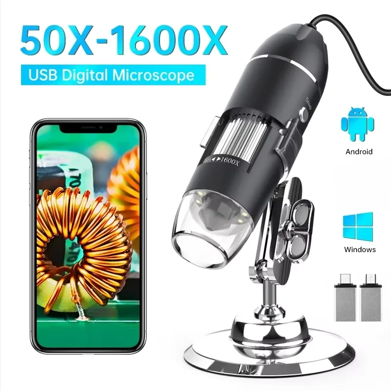 Hayve 1600X USB 디지털 현미경 1080P HD, 8개의 조절 가능한 LED와 금속 스탠드가 있는 납땜 현미경, UVC Otg 호환 가능