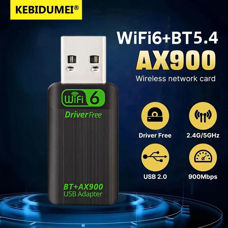 KEBIDUMEI WiFi 6 AX900 WiFi USB 어댑터 블루투스 5.4 무선 네트워크 카드 2.4G 5GHz Wi-Fi 수신 USB PC 노트북 Win10 11용