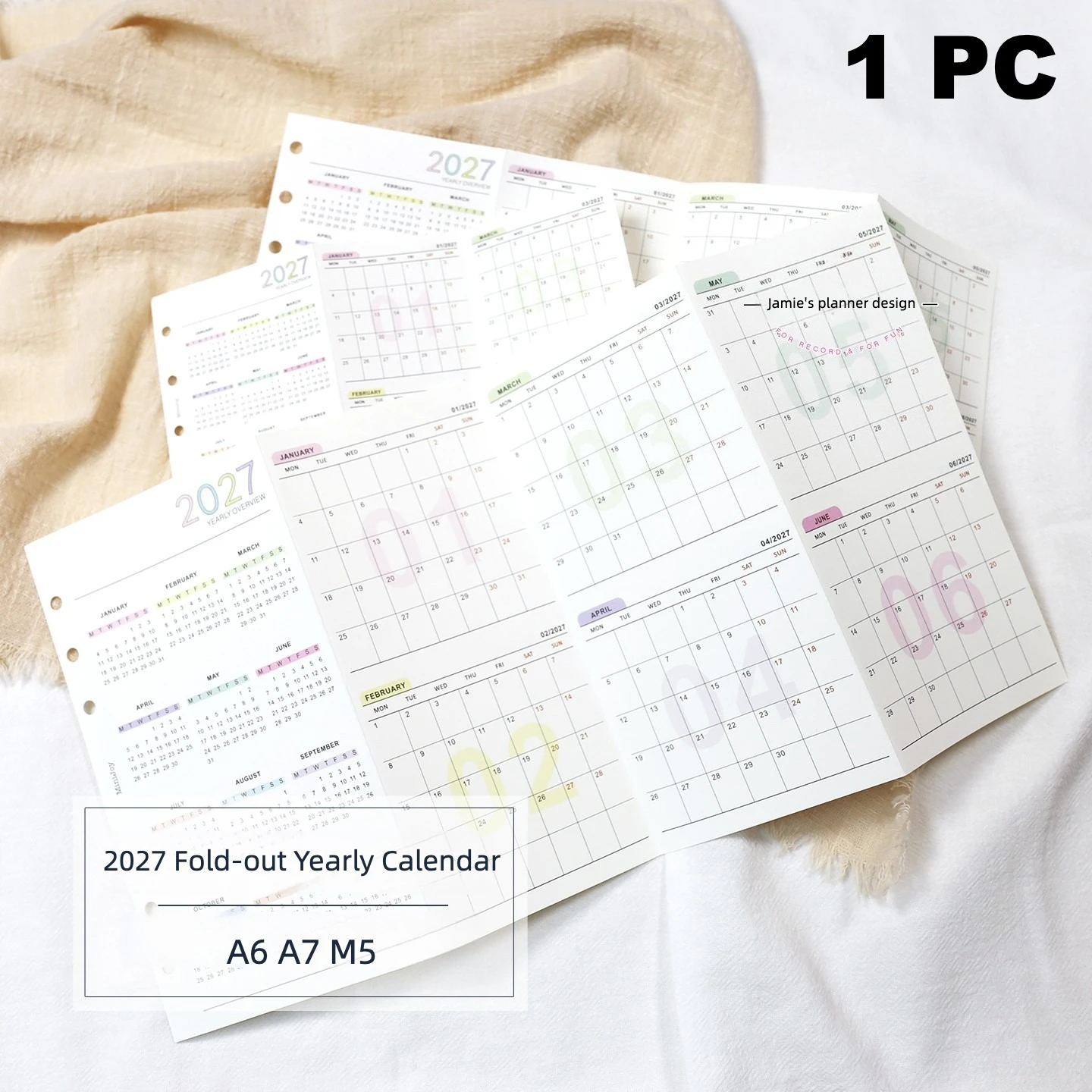 2027년 4단 접이식 연간 달력 리필, A6, A7, M5 사이즈, 플래너, 습관 기록, 일정 관리용 연간 요약