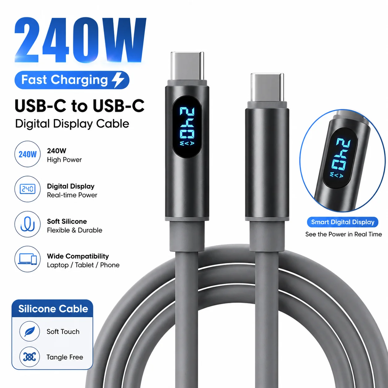 240W LED 디지털 디스플레이 USB C to USB C 고속 충전 케이블, 부드러운 실리콘 Type C 케이블 480Mbps 노트북 휴대폰 태블릿용