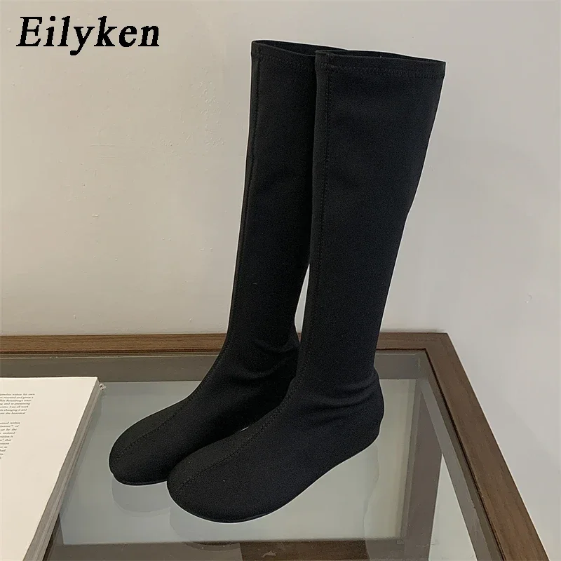 Eilyken 패션 소프트 가죽 펑크 스타일 라운드 토 여성 니하이 부츠 가을 겨울 로우 힐 롱 부티 여성용 신발