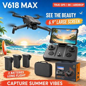 V618 MAX GPS 접이식 드론 6.9인치 화면 8K UHD 브러시리스 에어드롭 5G FPV 듀얼 카메라 광각 간편한 조작 야외 비행