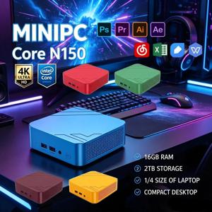 선명한 색상의 미니 PC 인텔 N150, 16GB RAM 2TB NVMe SSD 윈도우11 WiFi6 BT5.2 4K 워크스테이션, 멀티태스킹, 사무 및 게임용