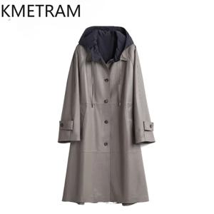 KMETRAM 양면 풀 베지터블 태닝 양가죽 여성용 가죽 트렌치 코트, 후드형 재킷