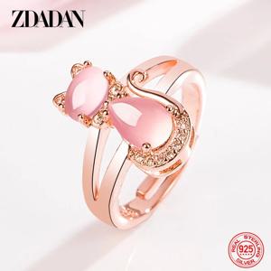 ZDADAN 925 스털링 실버 고양이 크리스탈 조절 가능한 반지 여성용 패션 주얼리 액세서리 선물