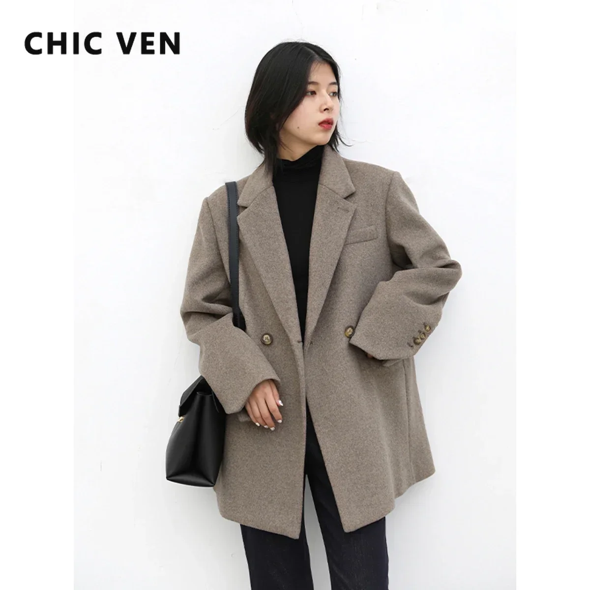CHIC VEN 여성용 울 혼방 코트, 올 매치 중간 길이 블레이저, 모직 오버코트, 여성 패션 의류, 2023, 가을, 겨울