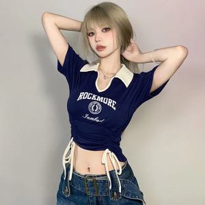 여성 디자이너 달콤한 매운 스타일 옷 레이디 Drawstring 넥타이 자르기 탑 여성 턴 다운 칼라 그래픽 반팔 티셔츠
