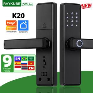 RAYKUBE K20 9개 언어 생체 인식 지문 도어 잠금 장치 Tuya APP/IC 카드/비밀번호/키 잠금 해제 기능이 있는 전자 도어 잠금 장치