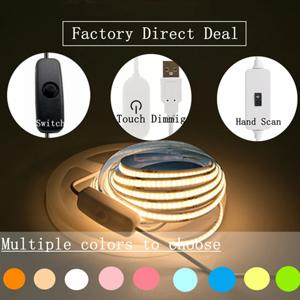 멀티 컬러 스위치 USB LED 스트립 조명, COB 터치 센서, 조도 조절 램프 테이프, TV 미러 백라이트, 주방 룸 야간 조명, 5V