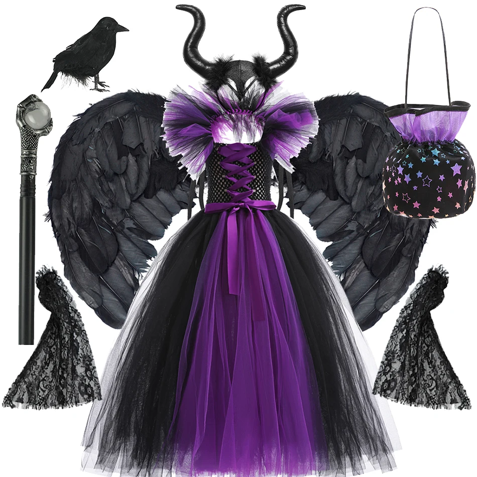 Maleficent Neck Dress Girls 할로윈 테마 코스프레 의상 수제 짠 Tulle Dress Evil Role Playing Outfit Luxury 가운
