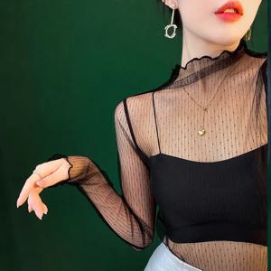 새로운 레이스 관점 여성 탑 슬림 피트 메쉬 티셔츠 터틀넥 쉬어 블라우스 긴 소매 티셔츠 다목적 섹시한 숙녀상의