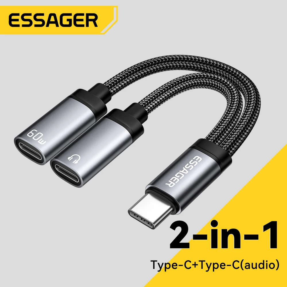 Essager 아이폰 16, 15, 삼성, 샤오미 14, 13, 태블릿 PC용 고속 충전 어댑터, C타입, 3.5mm AUX 케이블, PD 60W, 2 인 1