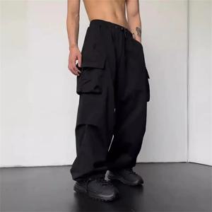 블랙 남성 힙합 카고 바지 캐주얼 여름 솔리드 다중 포켓 바지 쿨 리본 Techwear 힙합 스웨트 팬츠 소년