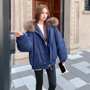 겨울 신상품 혼 버튼 후드 다운 코튼 재킷 여성용 시크한 인조 퍼 칼라 배기 파카 코트 한국 스트리트 따뜻한 패딩 재킷