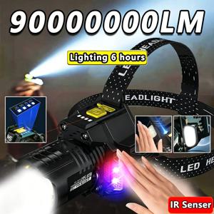 강력한 LED 헤드램프 모션 센서 헤드라이트 USB 충전식 COB 헤드 플래시라이트 줌 하이빔 낚시용 헤드라이트