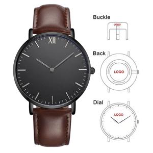 맞춤형 로고 블랙 다이얼 브라운 스트랩 남녀공용 얇은 쿼츠 시계 40mm 케이스 직경 드롭쉬핑 가능