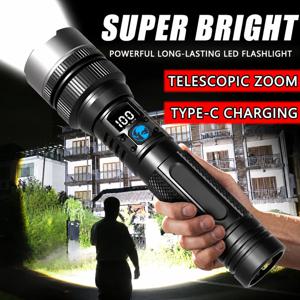 강력한 LED 손전등, 타입-C 충전식, 줌 기능, 디지털 디스플레이, 휴대용 손전등, 야외용 보조 배터리