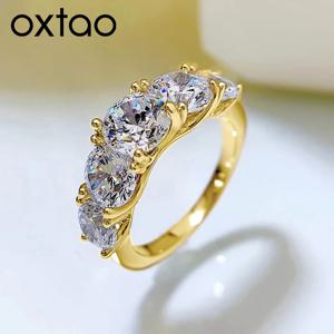 OXTAO 스파클링 5 스톤 모이사나이트 다이아몬드 반지 여성용 14K 골드 충전 웨딩 밴드 손가락 반지 쥬얼리 커플 인증