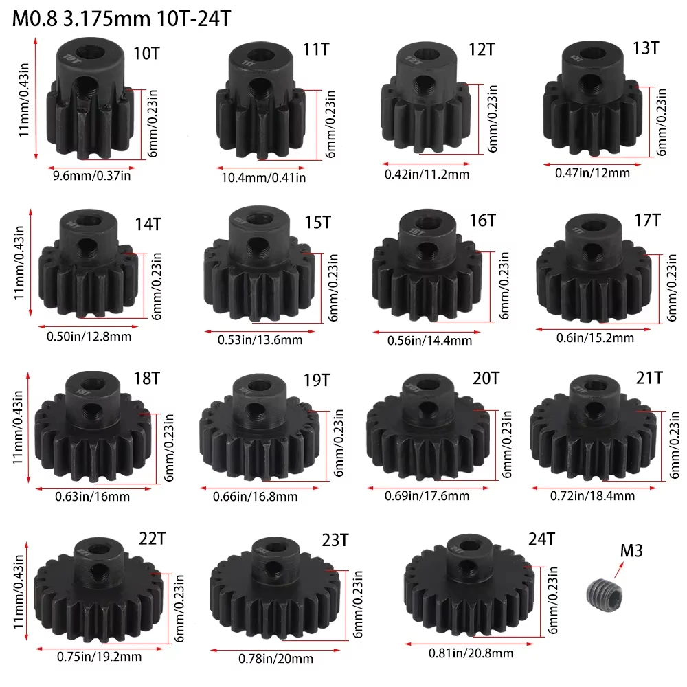 M0.8 3.175mm 경화강 금속 피니언 10T 11T 12T 13T 14T 15T 16T 17T 18T 19T 20T 21T 모터 기어 (1/10 RC 자동차 업그레이드 개조용)