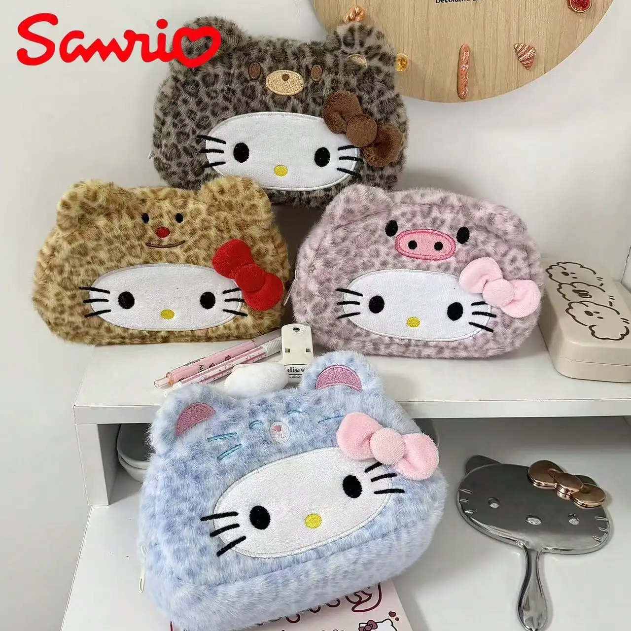 1pc Sanrio Ins Worthy Leopard Print 키티 연필 케이스, 세련된 메이크업 가방, 학생용 연필 케이스, 대용량 보관 가방