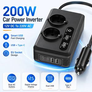 200W 차량용 전력 인버터 12V DC에서 220V AC로 변환, 듀얼 EU 콘센트, 듀얼 USB, 듀얼 타입-C 포트, LCD 디스플레이 포함