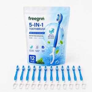 5-in-1 일회용 여행용 칫솔 12개입 민트향, 개별 포장된 부드러운 칫솔, 치약, 치실, 혀 클리너 포함