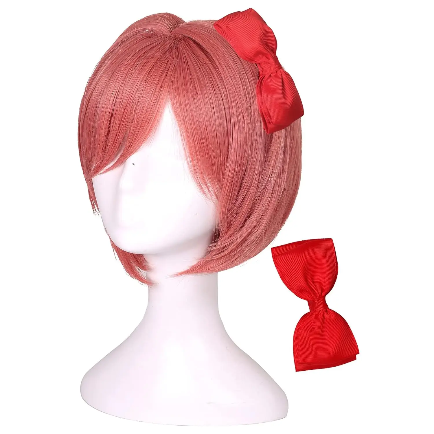 사요리 리본 장식 짧은 코랄 핑크 코스프레 가발 (여성 및 소녀용) 게임 DDLC 도키도키 리터처어 클럽 나츠키 가발
