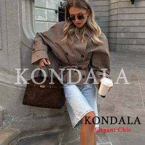 KONDALA 여성 트렌디 체크무늬 숏 재킷 더블 브레스티드 벨트 포켓 재킷 신상 패션 2026 초가을 스트리트웨어 트렌치 코트