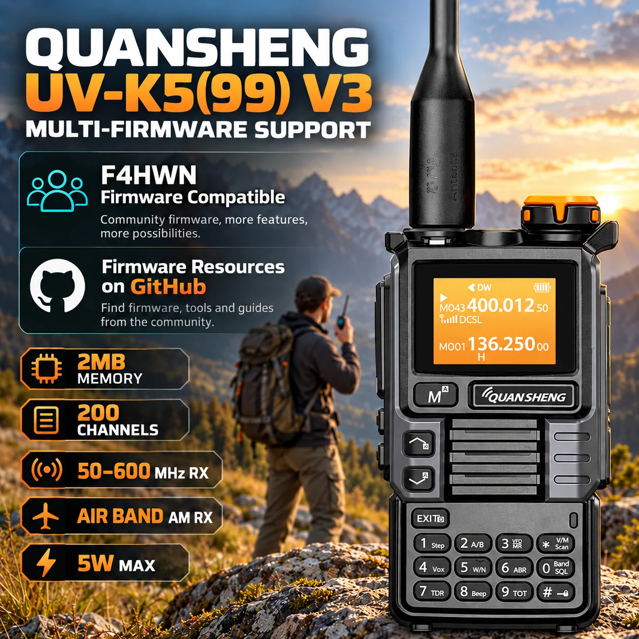 콴셩 UV-K5(99) V3 무전기 2MB 50-600MHz RX 에어밴드 AM 수신 5W 양방향 무전기 PC 프로그래밍 가능