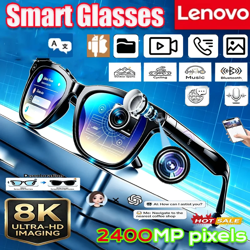 레노버 8K 카메라, 2400MP AI 스마트 글래스, 핸즈프리 통화, 번역 기능, AI 채팅, 음악 재생, 스마트 선글라스, 전자 제품