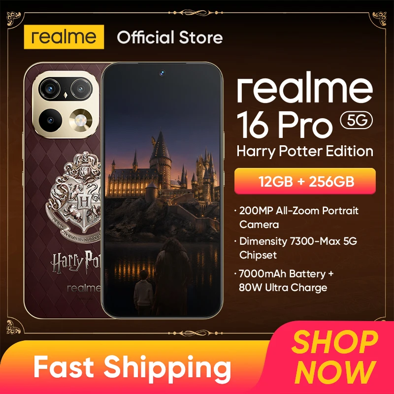 realme 16 Pro 5G 해리 포터 에디션, 6.78인치 144Hz AMOLED 디스플레이, 200MP 카메라, 256GB 저장 공간, Dimensity 7300-Max 칩셋, IP69 방수/방진 등급, 8000mAh 배터리