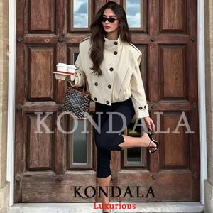 KONDALA 스트리트웨어 시크 여성 트렌치코트 스탠드 칼라 더블 브레스티드 긴소매 코트 신상 2026 가을 트렌치코트