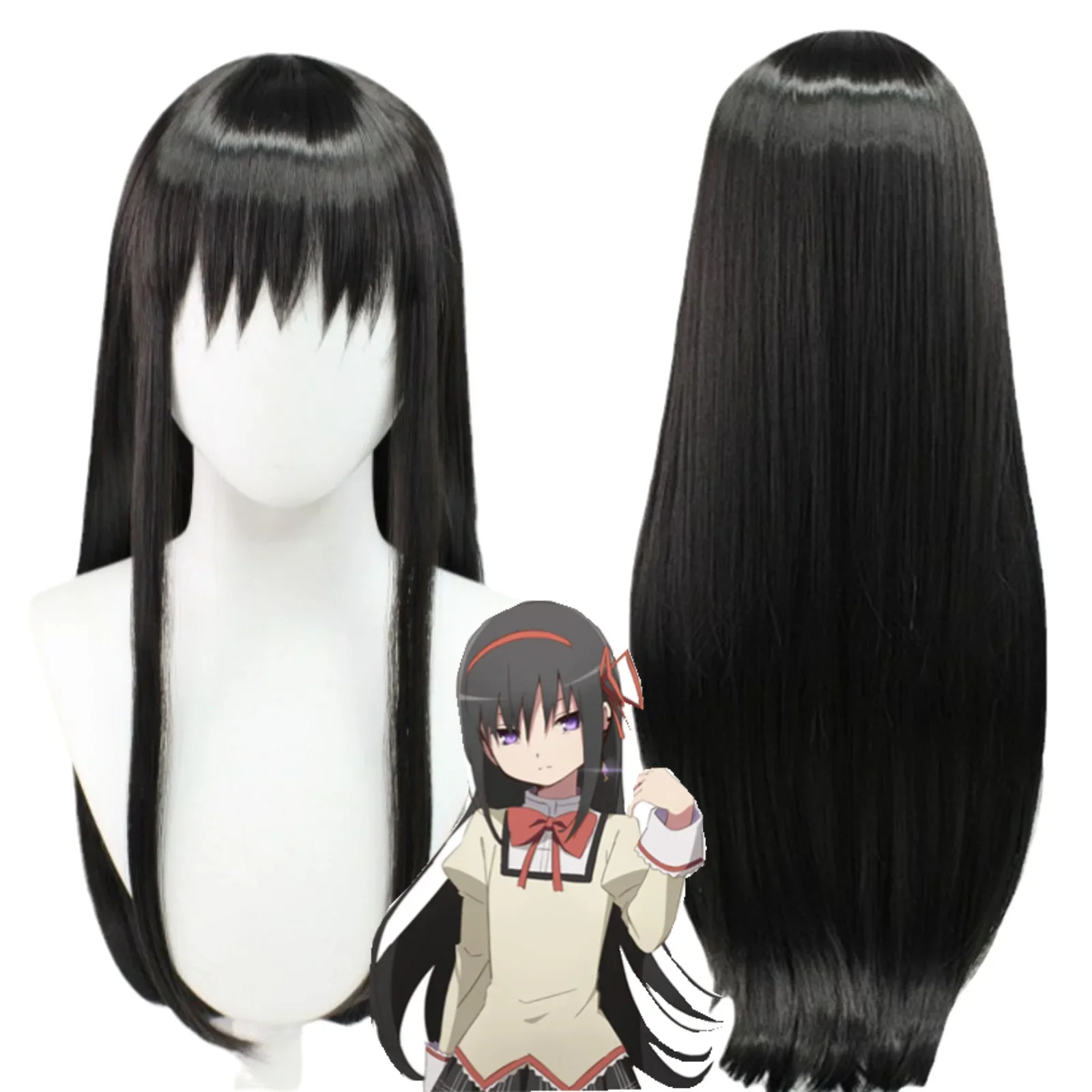Akemi Homura 코스프레 가발 블랙 롱 스트레이트 내열성 합성 머리 가발 Cos 파티 여성 의상 파티